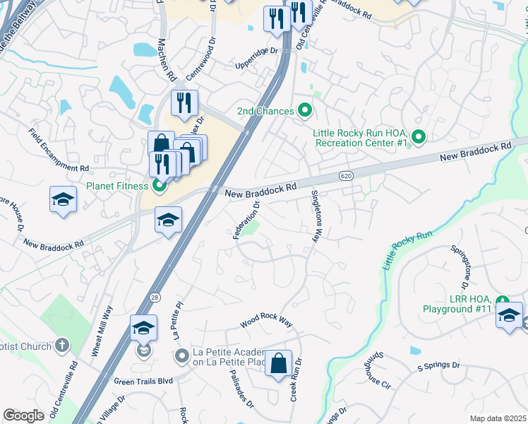 map of restaurants, bars, coffee shops, grocery stores, and more near 14096 Winding Ridge Lane in Centreville