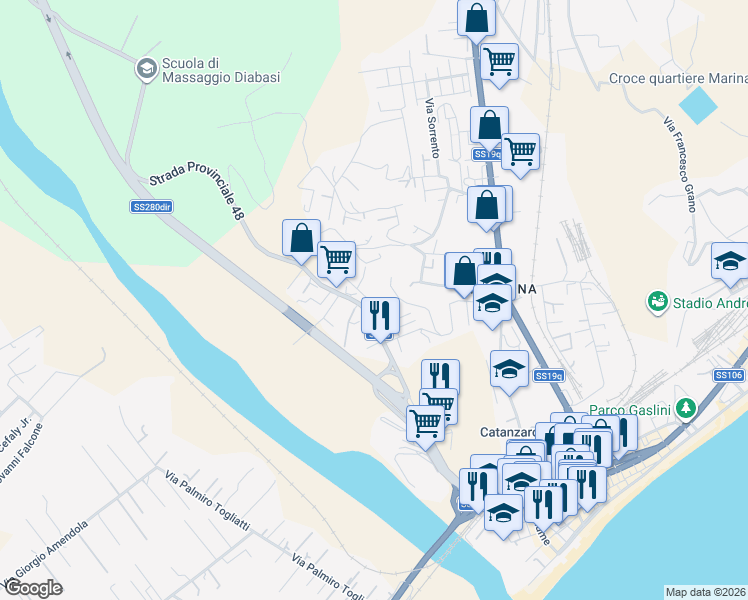 map of restaurants, bars, coffee shops, grocery stores, and more near Viale Europa in Catanzaro