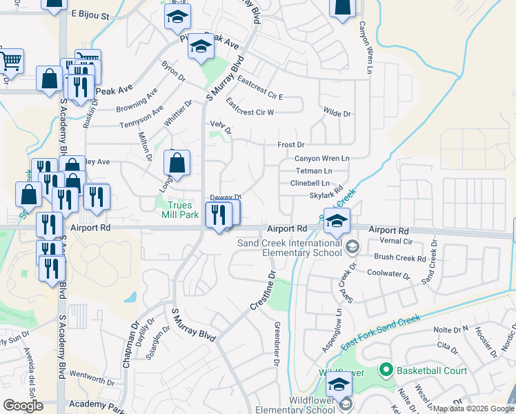 map of restaurants, bars, coffee shops, grocery stores, and more near 322 Bonnie Court in Colorado Springs