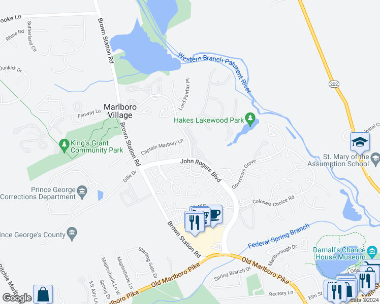 map of restaurants, bars, coffee shops, grocery stores, and more near 4577 Lords Landing Road in Upper Marlboro