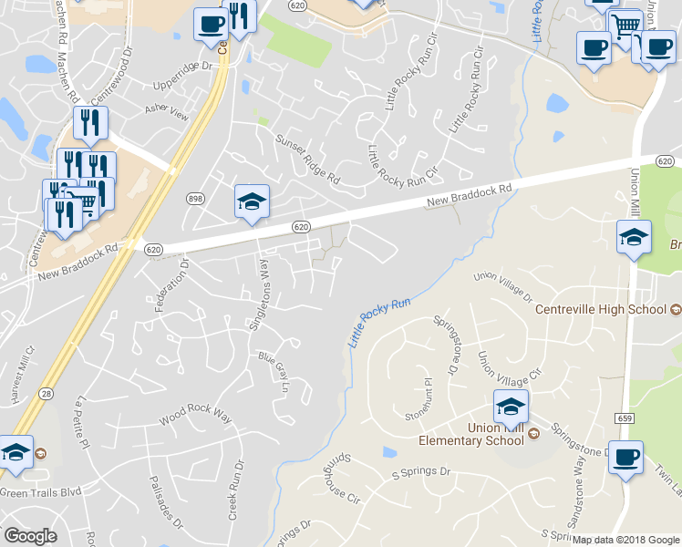 map of restaurants, bars, coffee shops, grocery stores, and more near 13928 Gunners Place in Centreville