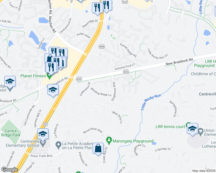 map of restaurants, bars, coffee shops, grocery stores, and more near 14011 Grumble Jones Court in Centreville