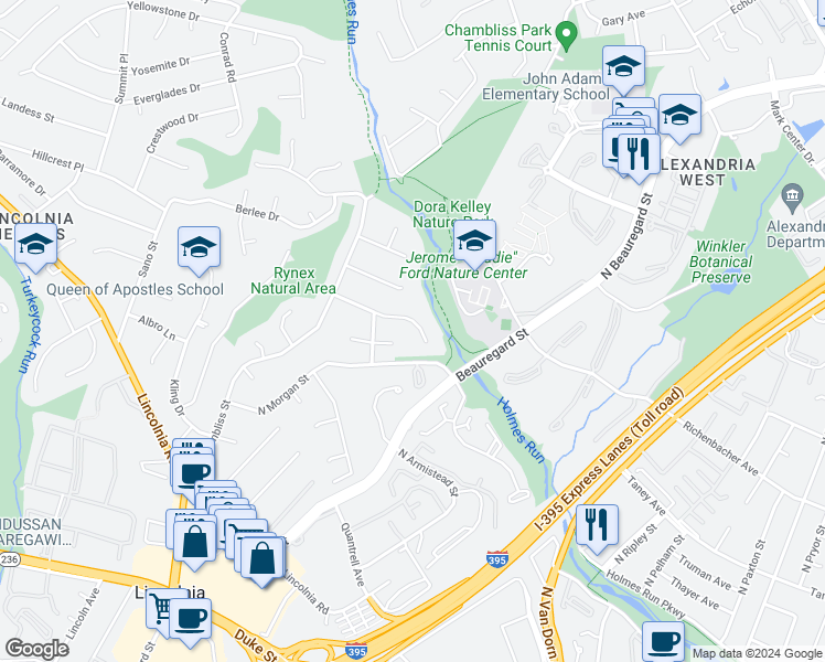 map of restaurants, bars, coffee shops, grocery stores, and more near 5852 Lowell Avenue in Alexandria