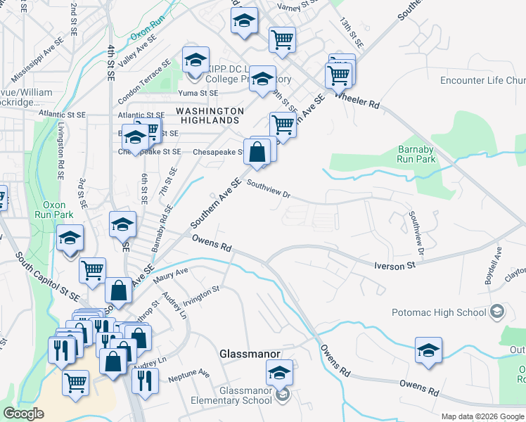 map of restaurants, bars, coffee shops, grocery stores, and more near 4605 Snowflower Boulevard in Oxon Hill