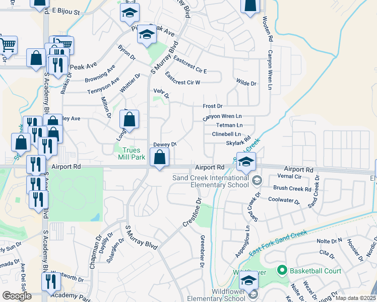 map of restaurants, bars, coffee shops, grocery stores, and more near 326 Bonnie Court in Colorado Springs