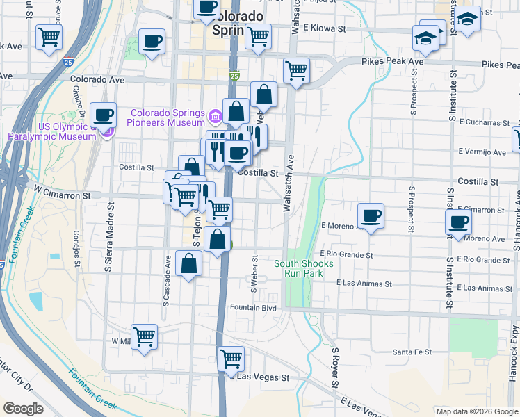 map of restaurants, bars, coffee shops, grocery stores, and more near 505 South Weber Street in Colorado Springs