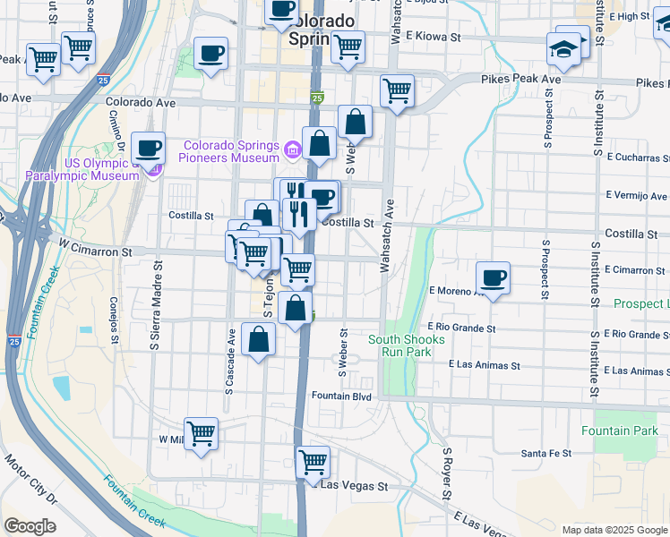 map of restaurants, bars, coffee shops, grocery stores, and more near 509 South Nevada Avenue in Colorado Springs