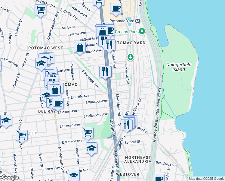 map of restaurants, bars, coffee shops, grocery stores, and more near 101 Independence Avenue Southeast in Washington