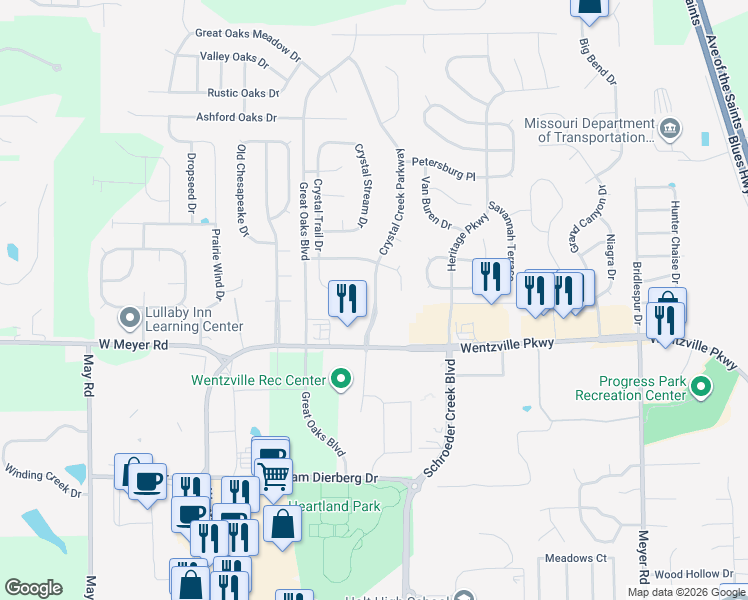 map of restaurants, bars, coffee shops, grocery stores, and more near 1001 Crystal Creek Parkway in Wentzville