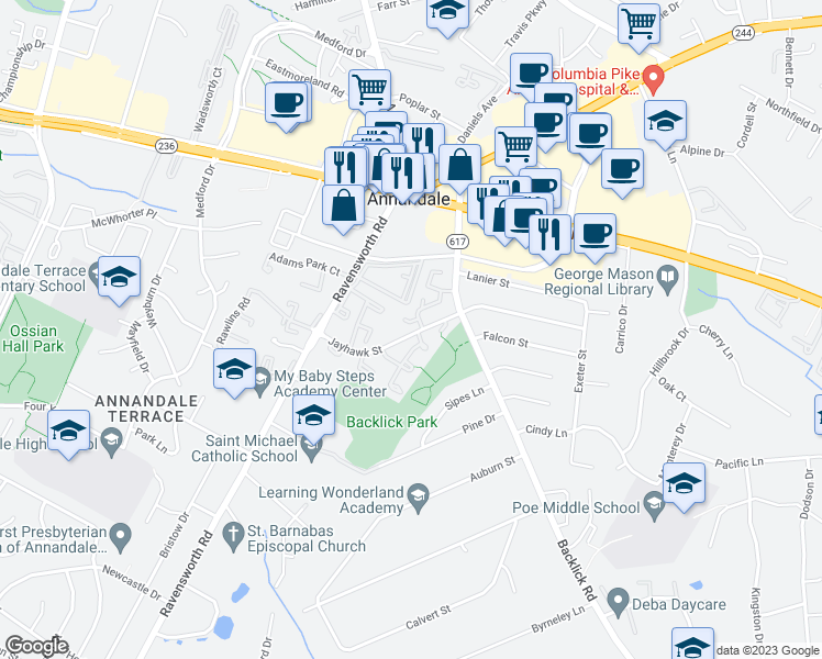 map of restaurants, bars, coffee shops, grocery stores, and more near 4446 Elan Place in Annandale