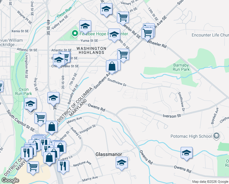 map of restaurants, bars, coffee shops, grocery stores, and more near 4605 Snowflower Boulevard in Oxon Hill