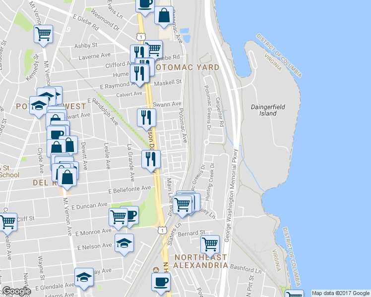 map of restaurants, bars, coffee shops, grocery stores, and more near 2308 Potomac Ave in Alexandria