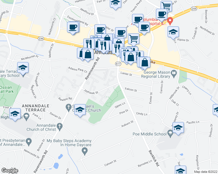 map of restaurants, bars, coffee shops, grocery stores, and more near Jayhawk Street & Elan Place in Annandale