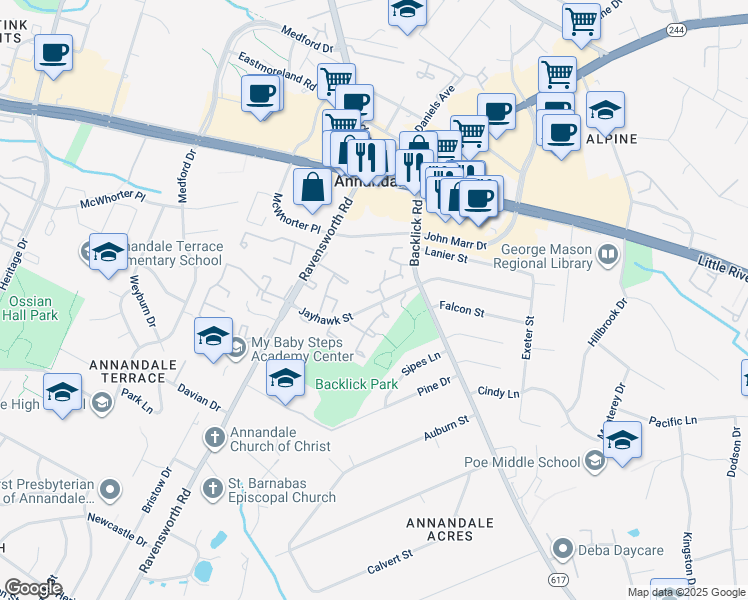 map of restaurants, bars, coffee shops, grocery stores, and more near 4446 Elan Place in Annandale