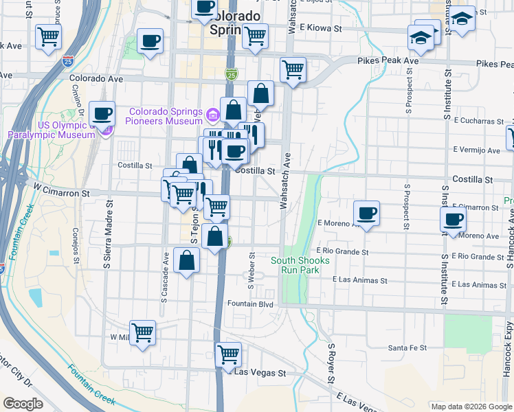 map of restaurants, bars, coffee shops, grocery stores, and more near 505 South Weber Street in Colorado Springs