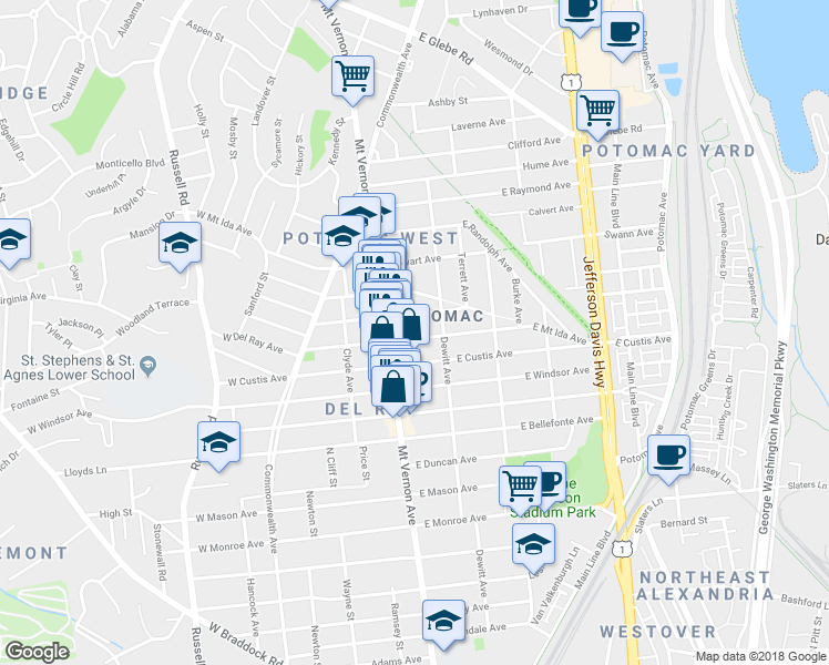 map of restaurants, bars, coffee shops, grocery stores, and more near 208 East Del Ray Avenue in Alexandria
