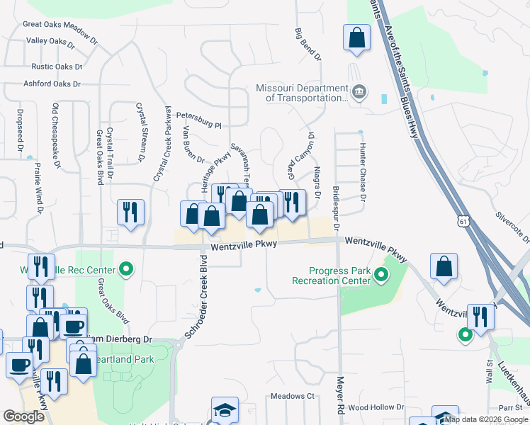map of restaurants, bars, coffee shops, grocery stores, and more near 330 Santa Elena Drive in Wentzville