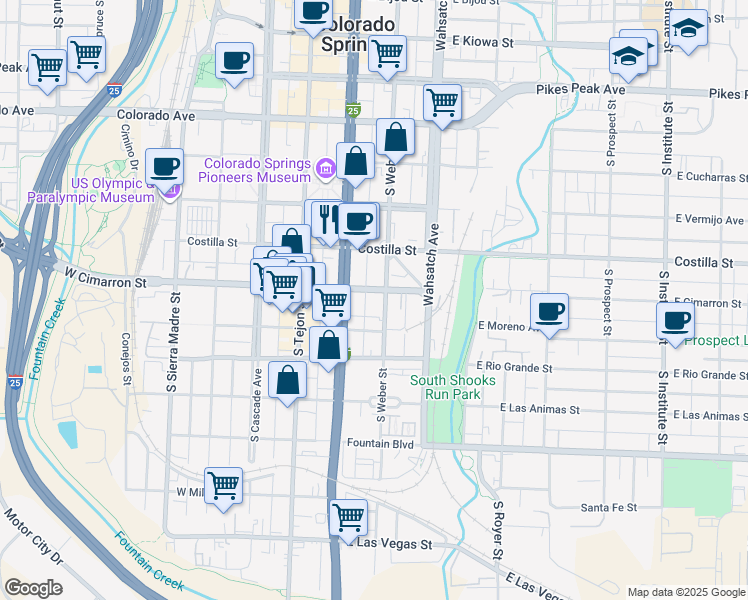 map of restaurants, bars, coffee shops, grocery stores, and more near 225 East Cimarron Street in Colorado Springs