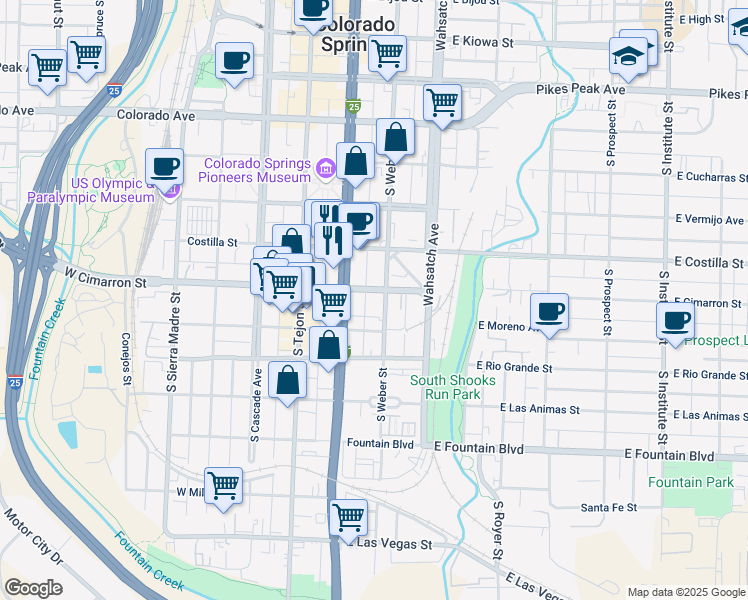 map of restaurants, bars, coffee shops, grocery stores, and more near 225 East Cimarron Street in Colorado Springs