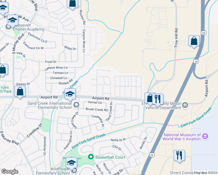 map of restaurants, bars, coffee shops, grocery stores, and more near 368 Ellers Grove in Colorado Springs