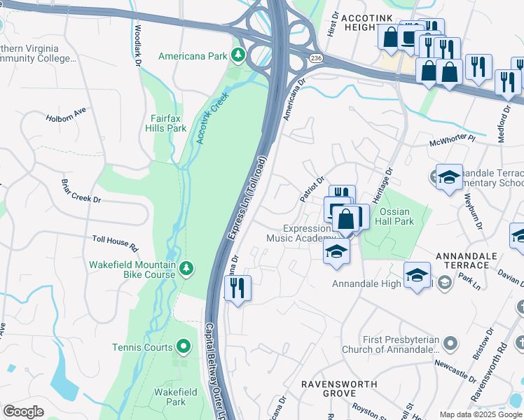 map of restaurants, bars, coffee shops, grocery stores, and more near 7905 Dassett Court in Annandale