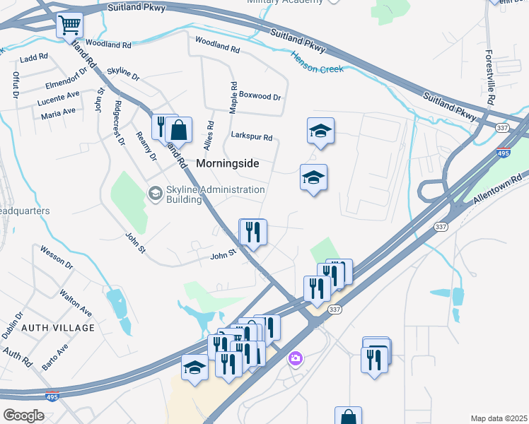 map of restaurants, bars, coffee shops, grocery stores, and more near 4604 Morgan Road in Morningside
