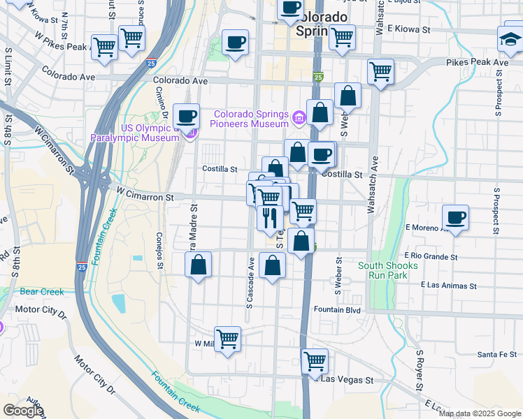 map of restaurants, bars, coffee shops, grocery stores, and more near 70 East Moreno Avenue in Colorado Springs