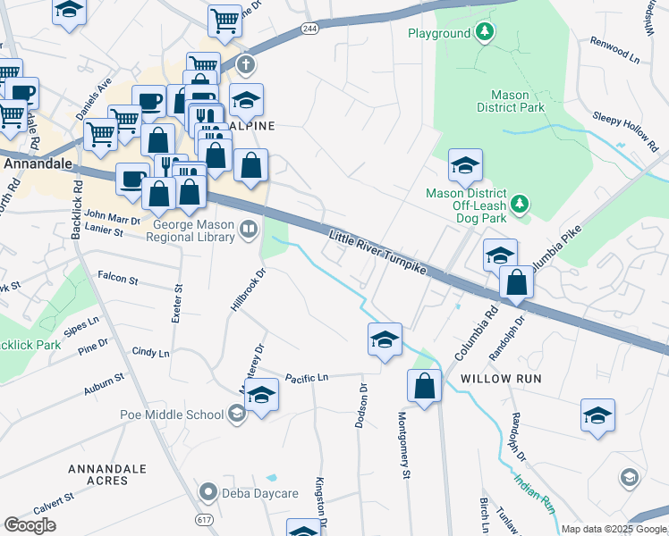 map of restaurants, bars, coffee shops, grocery stores, and more near 6809 Indian Run Court in Annandale