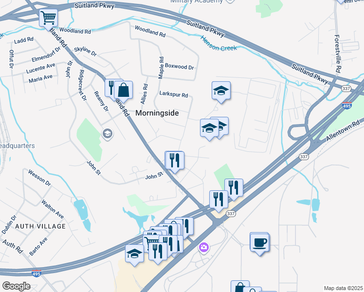 map of restaurants, bars, coffee shops, grocery stores, and more near 4604 Morgan Road in Morningside