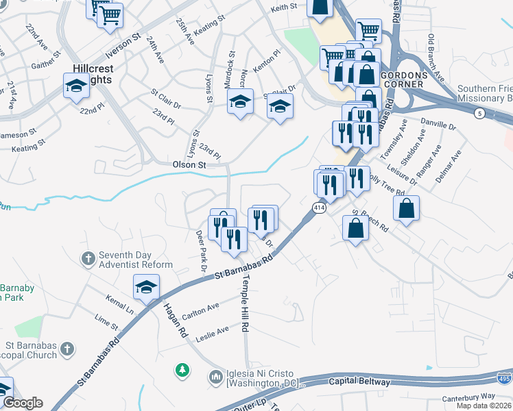 map of restaurants, bars, coffee shops, grocery stores, and more near 4637 Dallas Place in Temple Hills
