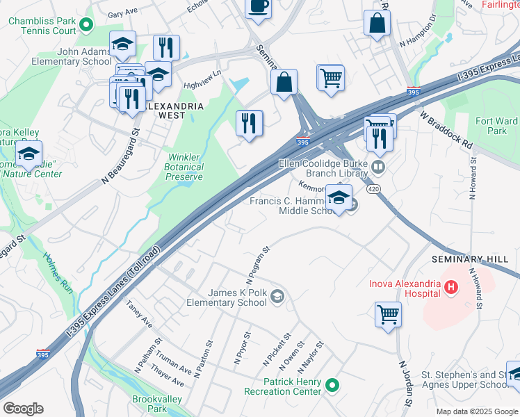map of restaurants, bars, coffee shops, grocery stores, and more near 5120 Maris Avenue in Alexandria
