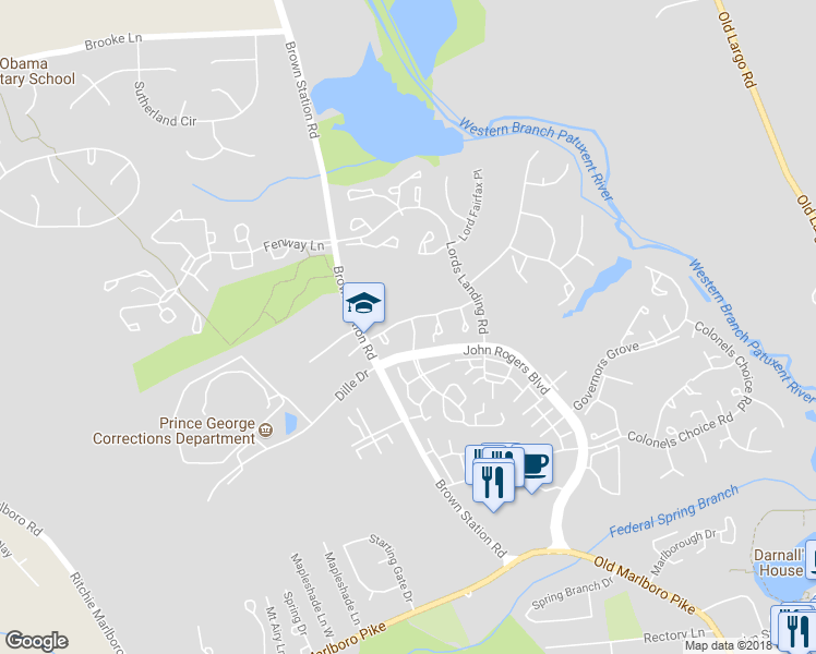 map of restaurants, bars, coffee shops, grocery stores, and more near 4503 Captain Duval Drive in Upper Marlboro