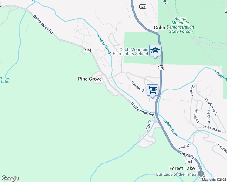 map of restaurants, bars, coffee shops, grocery stores, and more near 16231 Bottle Rock Road in Cobb
