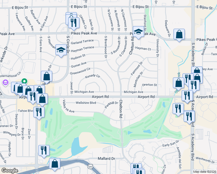 map of restaurants, bars, coffee shops, grocery stores, and more near 370 Kenady Circle in Colorado Springs