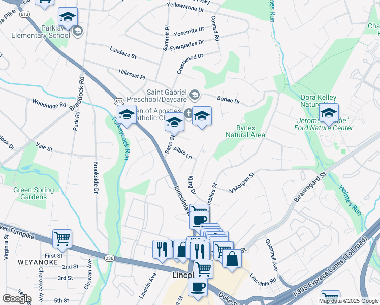 map of restaurants, bars, coffee shops, grocery stores, and more near 6324 Albro Lane in Alexandria
