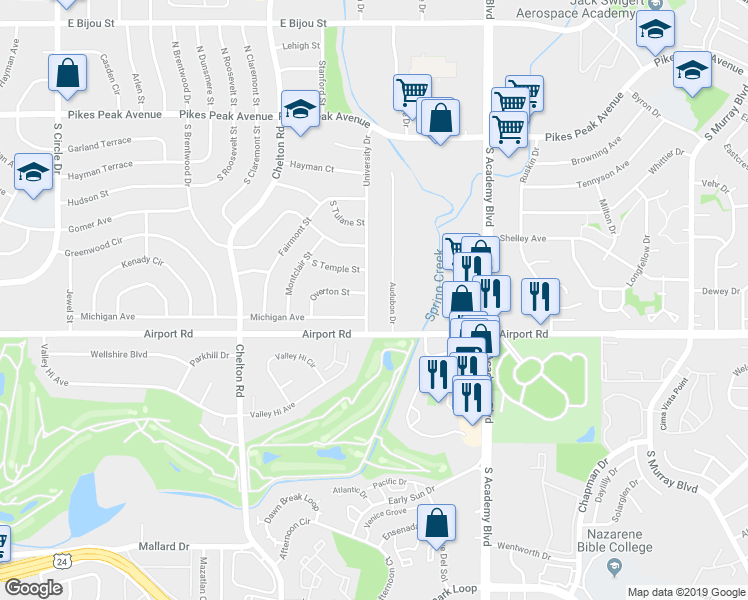 map of restaurants, bars, coffee shops, grocery stores, and more near 3684 Michigan Avenue in Colorado Springs