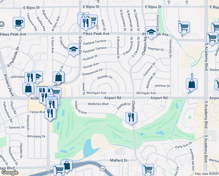 map of restaurants, bars, coffee shops, grocery stores, and more near 3226 Michigan Avenue in Colorado Springs