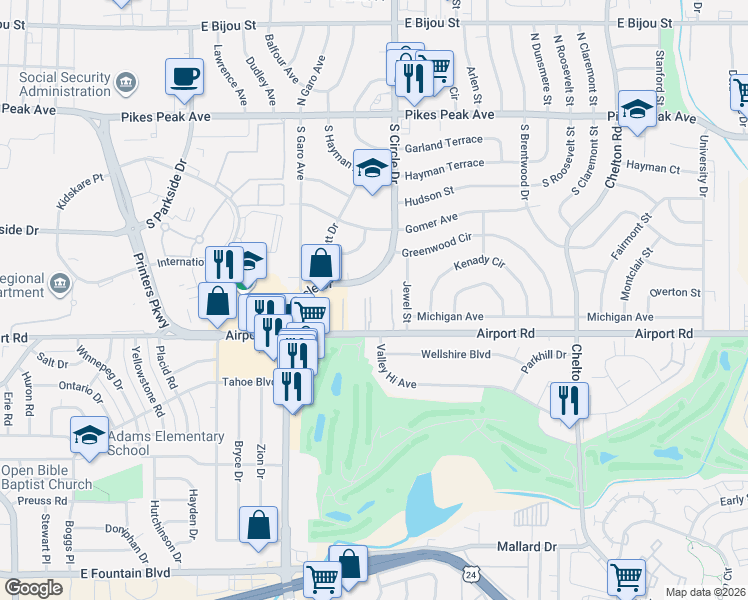 map of restaurants, bars, coffee shops, grocery stores, and more near 2902 Airport Road in Colorado Springs
