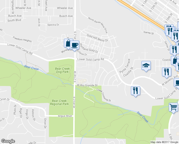 map of restaurants, bars, coffee shops, grocery stores, and more near 462 Millstream Terrace in Colorado Springs
