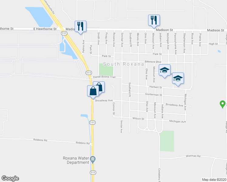 map of restaurants, bars, coffee shops, grocery stores, and more near 608 Central Park Place in South Roxana