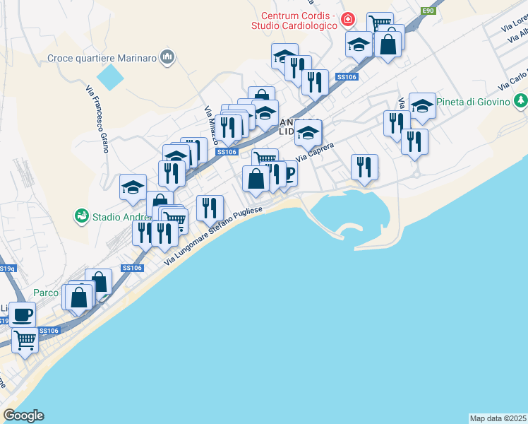 map of restaurants, bars, coffee shops, grocery stores, and more near 315 Via Lungomare Stefano Pugliese in Catanzaro