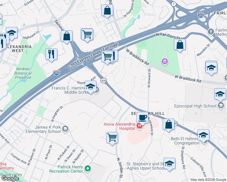 map of restaurants, bars, coffee shops, grocery stores, and more near 4617 Seminary Road in Alexandria