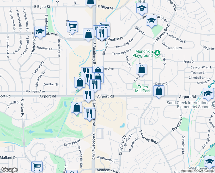 map of restaurants, bars, coffee shops, grocery stores, and more near 3850 Airport Rd in Colorado Springs