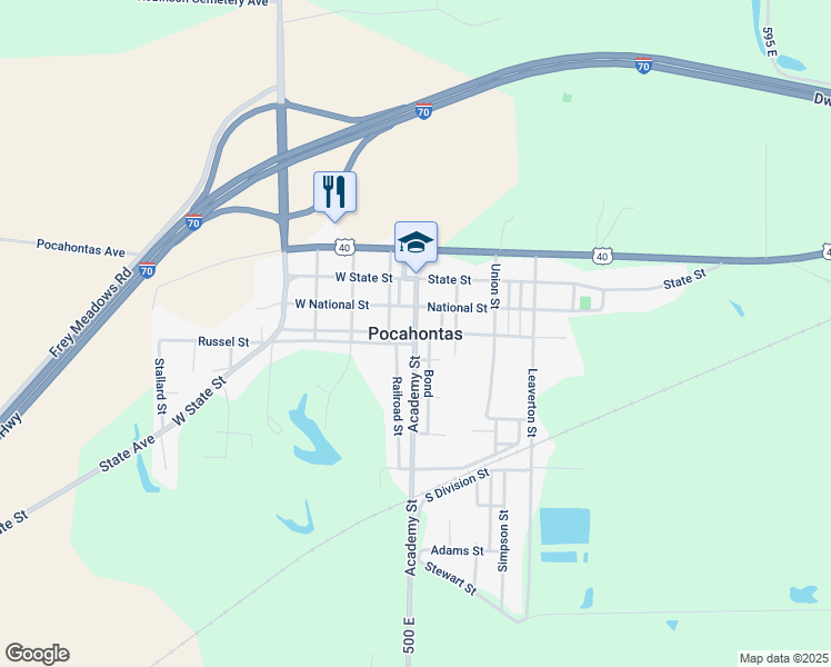 map of restaurants, bars, coffee shops, grocery stores, and more near in Pocahontas