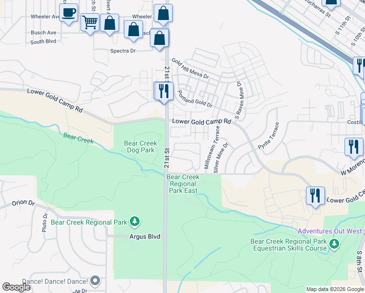 map of restaurants, bars, coffee shops, grocery stores, and more near 1655 Little Bear Creek Point in Colorado Springs