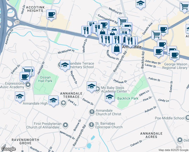 map of restaurants, bars, coffee shops, grocery stores, and more near 7475 Demille Court in Annandale