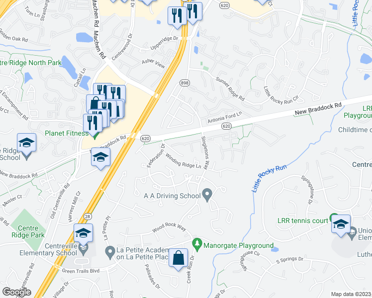 map of restaurants, bars, coffee shops, grocery stores, and more near 14017A Grumble Jones Court in Centreville