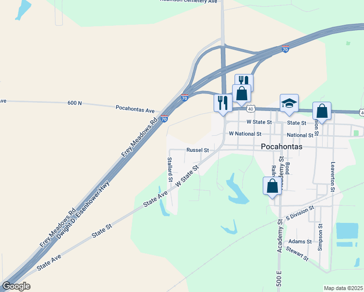 map of restaurants, bars, coffee shops, grocery stores, and more near 801 Russell Street in Pocahontas