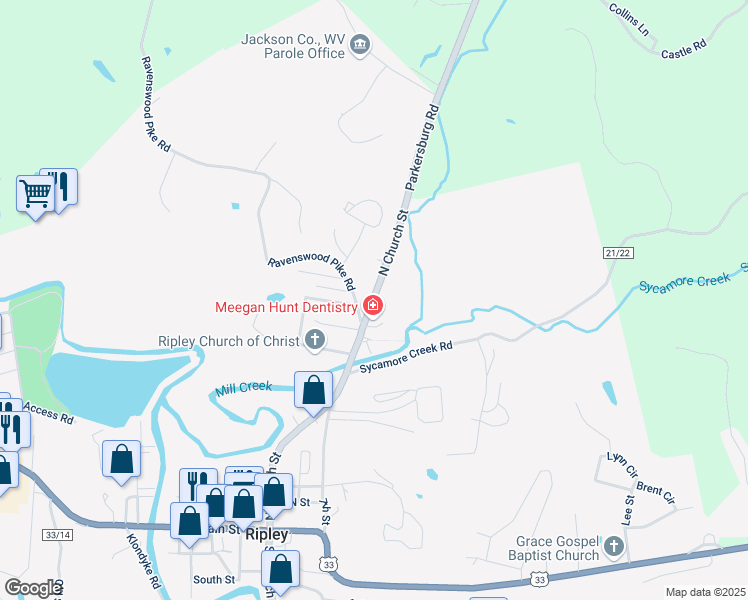 map of restaurants, bars, coffee shops, grocery stores, and more near 624 N Church St in Ripley