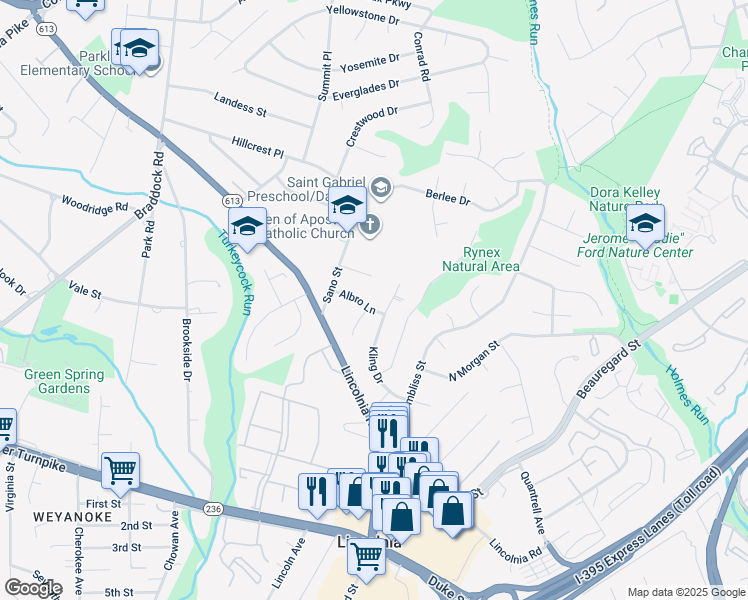 map of restaurants, bars, coffee shops, grocery stores, and more near 6324 Albro Lane in Alexandria
